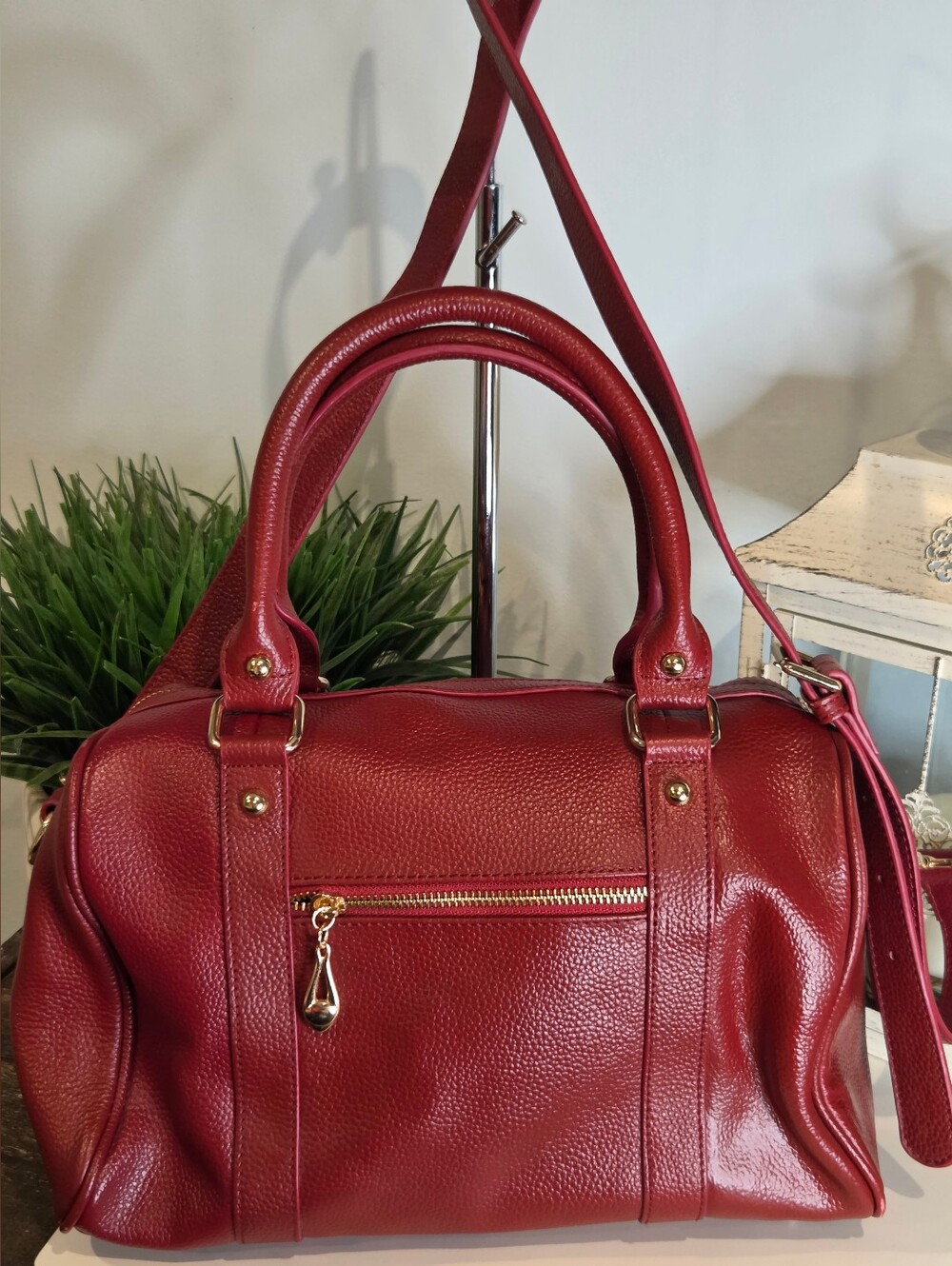 Mia Capella Red Genuine Leather Satchel Doctor Bag Top Handle Crossbody - Picture 3 of 15
